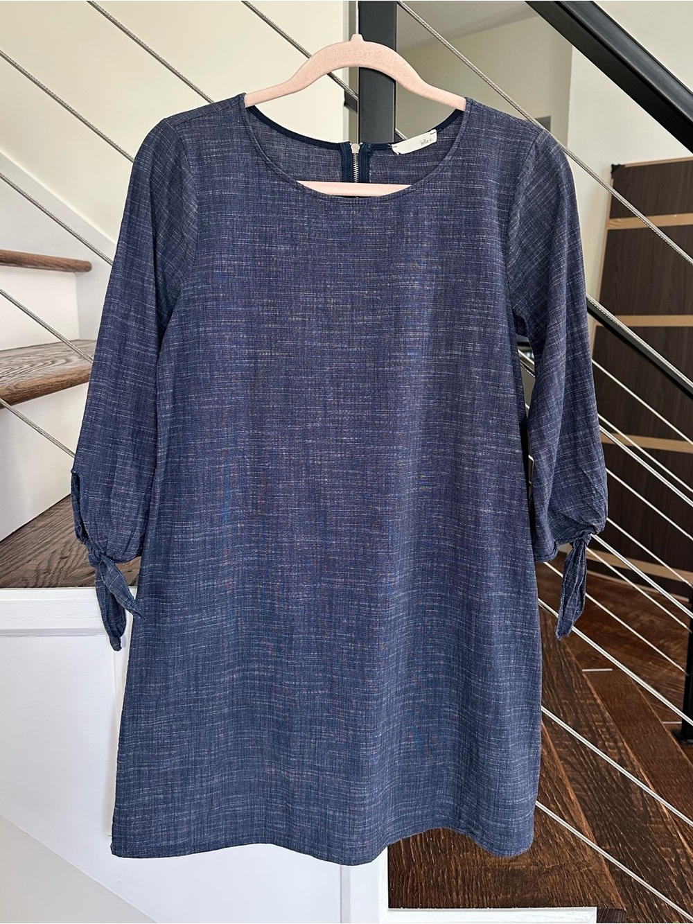Jella C. Navy Blue Textured Shift Dress Long Sleeve Tie Cuff Small